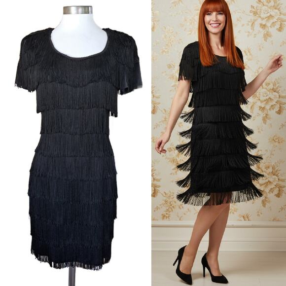 Iconic Vintage Black Fringe Flapper-style Dress Size 7/8 Roberta Short Sleeve - Picture 1 of 12